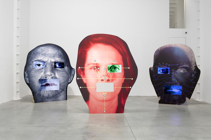 Installation view of template/variant/friend/stranger by Tony Oursler at Lisson Gallery, London